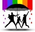 Family is protected by an umbrella, silhouette. Propaganda, LGBT flag.