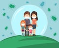 Family protected from virus. Mom dad and kids in medical masks stands in protective bubble, stop the spread of viruses