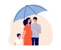 Family protection concept. Man holding umbrella under pregnant wife and son. Happy parents, adults and child. Life