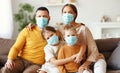 Family in protective medical masks in the midst of the coronavirus pandemic at home