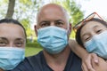 Family in protective medical masks. Mother, father, daughter protect themselves from the virus Coronavirus. Family in