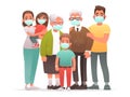 Family in protective medical masks. Mother, father, grandparents, children protect themselves from the virus or from air pollution