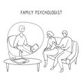 Family Psychologist. Online counseling for couple. Patients at psychological consultation. Linear doodle illustration