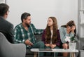 Family at psychology session. Psychologist with young couple, psychotherapist or marriage counselor listen mental health