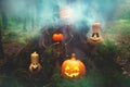 Family of pumpkins jack lantern in the autumn mystical forest