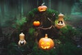 Family of pumpkins jack lantern in the autumn mystical forest