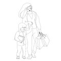 Family with purchases. Mother with son hold shopper bags. Vector.