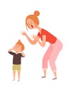 Family quarrel. Domestic abuse, woman scream on boy. Isolated sad toddler and angry mother vector illustration