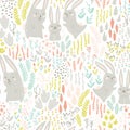 Family Rabbits hares in flowers and herbs. Vector seamless pattern. Cute animals in hand drawn scandinavian style