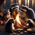 A family of raccoons gathered around a campfire, roasting marshmallows and counting down to the new year1 Royalty Free Stock Photo
