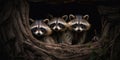 A family of raccoons peering out of a tree hollow in the middle of the night, concept of Nocturnal wildlife behavior