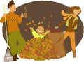 Family raking autumn leaves