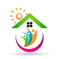 Family real estate sun home logo, family, parent, kids,green love, parenting, care, symbol icon design vector on white background