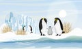 A family of realistic emperor penguins with a chick by the sea or ocean. Glacier and dry grass