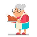 Family recipe fried chicken turkey grandmother with baking cook homemade food old lady character flat design vector