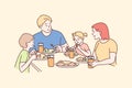 Family, recreation, leisure, dinner, fatherhood, motherhood, childhood concept