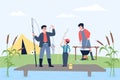 Family recreation on nature, father son fishing in pond. Parents with kid in hike, fisherman with rods. Summer seasonal Royalty Free Stock Photo