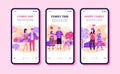 Family recreation and weekend activity in park mobile phone app page onboarding set, flat vector illustration. Amusement