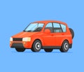 Family red car isolated illustration. Traveling by car print. Vector flat style. Red automobile isolated icon. Royalty Free Stock Photo