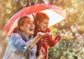 Family with red umbrella