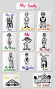 Family relations and values. A set of characters of the family members. Children s drawings on paper with inscriptions. Vector ill Royalty Free Stock Photo