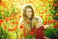 Family relationships. child, small boy at mother or sister in poppy field Royalty Free Stock Photo