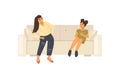 Family relationships, joint leisure, entertainment together. Mom and daughter sitting in room on the couch laughing chatting rest