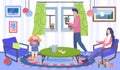 Family relaxes colorful living room. Woman sips coffee, man cares plant, child cuddles toy interior Royalty Free Stock Photo