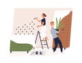 Family repairing home interior together. Young happy couple of man and woman redecorating living room, painting and