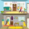 Family rest at home set, vector illustration. Man woman character clean up room together, dance while making housework Royalty Free Stock Photo