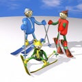 Family rest in the winter, mountain skiers