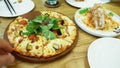 Family in a restaurant. hands take pizza slices from a common dish.