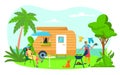 Family resting outdoor camper trailer house, female relax sitting chair male cooking barbecue flat vector illustration