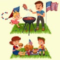 Family resting in park or garden, dad grilling meat on grill, mum holding baby, girls play on green grass with kite and Royalty Free Stock Photo