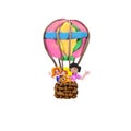 Family ride by air balloon 3D illustration banner isolated on white background