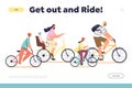 Family ride concept of landing page with parents and kids cycling together in park Royalty Free Stock Photo