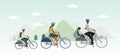 Family ride and travel by bicycles . Parents and kids driving a bike among mountains and trees.