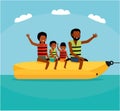 Family riding banana boat. Summer vacation time vector illustration. Sea tour. African american family. Flat cartoon Royalty Free Stock Photo