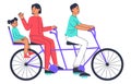 Family riding bicycle. Characters on tandem bike, mom, dad and kid active bike riding, eco friendly transportation flat vector Royalty Free Stock Photo