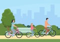 Family riding bikes. Mother, father and children outdoor recreational activity. Vector illustration concept leisure