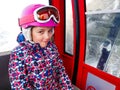 Family riding cabin cable car on winter vacation skiing