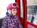 Family riding cabin cable car on winter vacation skiing