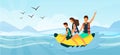 Family riding on inflatable banana on waves. Summer vacation, pastime at sea, extreme recreation