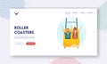 Family Riding Roller Coaster Landing Page Template. Characters in Amusement Park, Fun Fair Carnival Weekend Activity