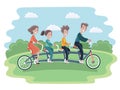 Family riding Tandem Bicycle, Isolated