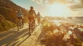 A family riding their solarpowered bikes on a beachside path with the sun shining down and powering their rides. . AI