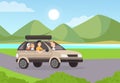 Family road trip flat vector illustration. Mother riding car with husband and children. People characters travelling Royalty Free Stock Photo