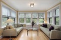 Family room with wall of windows Royalty Free Stock Photo