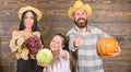 Family rustic style farmers market with fall harvest. Harvest festival concept. Family farmers with harvest wooden Royalty Free Stock Photo