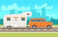 Family rv camping trailer on road. Country traveling and outdoor vacation vector concept